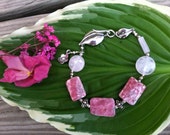 Rhodochrosite and Rose Quartz Bracelet Handmade Pink Gemstone Beaded Bracelet With Sterling Silver Flower Charm and Leaf Clasp Wedding Gift