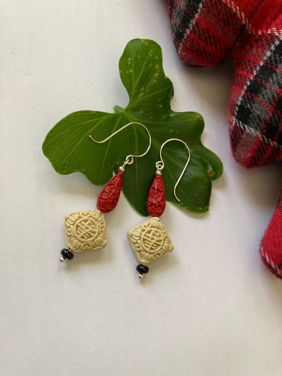 Carved Cinnabar Earrings Year of the Fire Horse Chinese Asian Style Cultural Themed Jewelry
