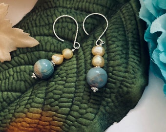 Aqua Terra Jasper and Yellow Pearl Sterling Silver Handmade Drop Earrings Spring Pastels Summer Sun and Sky Earth Colors Jewelry Gift