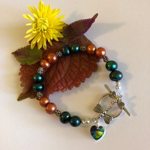 Autumn Dragonfly Bracelet Fall Hunter Green and Orange Pearl Jewelry Thanksgiving Gift Handmade Beaded Bracelet With Sterling Silver Accents image 2