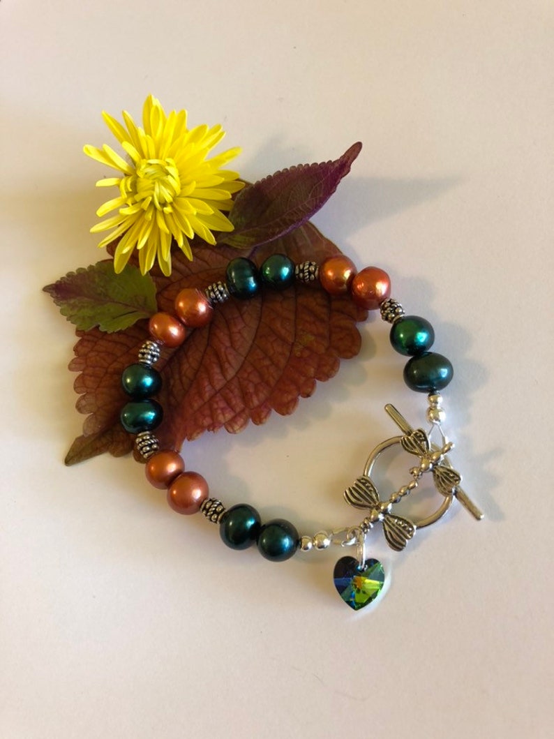 Autumn Dragonfly Bracelet Fall Hunter Green and Orange Pearl Jewelry Thanksgiving Gift Handmade Beaded Bracelet With Sterling Silver Accents image 2