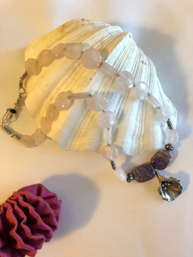 Rose Quartz Floral Necklace Boho Style With Purple Russian Charoite Gemstone Beads Accented With Sterling Silver Romantic Spring Jewelry