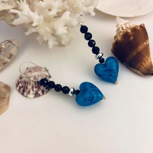 Murano Blue Glass Heart Sterling Silver Earrings With Black Spinel Gemstones Artisan Handmade Jewelry