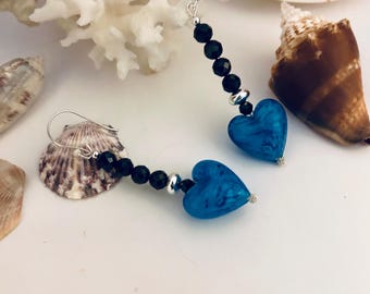 Murano Blue Glass Heart Sterling Silver Earrings With Black Spinel Gemstones Artisan Handmade Jewelry