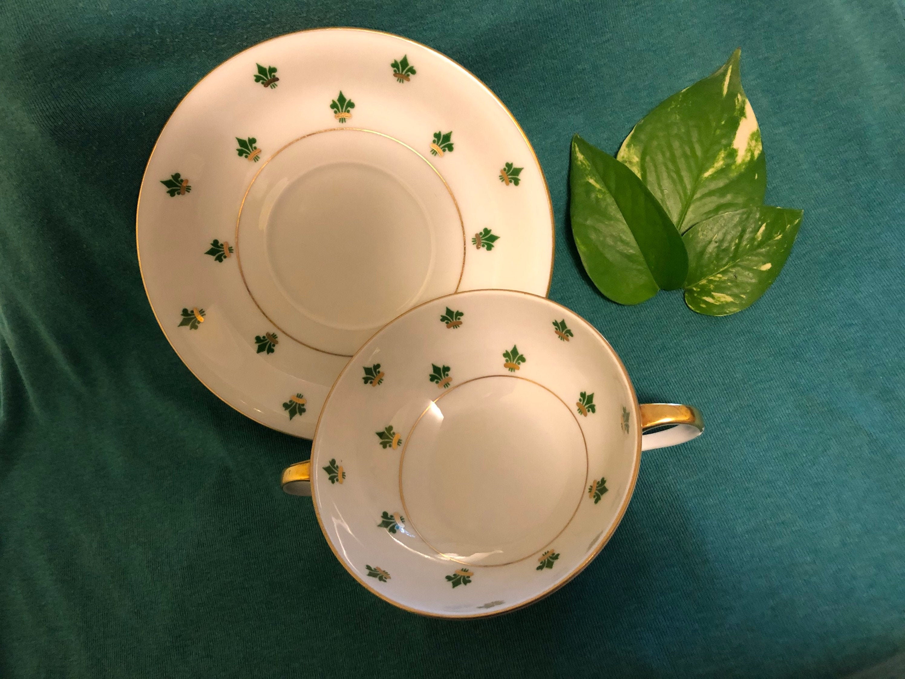 Eschenbach Germany Soup Bowl and Saucer Vintage Green Gold and White Dinnerware Set With French Fleur De Lis Design Baronet Nanette Pattern