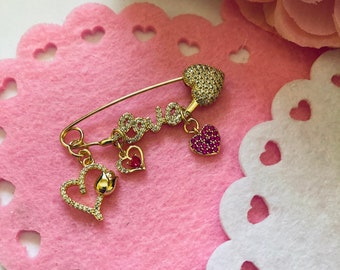 Gold Micro Pave Safety Pin Brooch With Heart Charms Trendy Modern Love Heart Themed Pin Pink and White Micro Pave Hearts 14K-24K Gold Filled