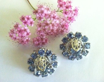 Blue Rhinestone Silver Filigree Tulip Earrings Vintage Floral Silver and Blue Clip On Style Earrings Wedding Gift Upcycle Project