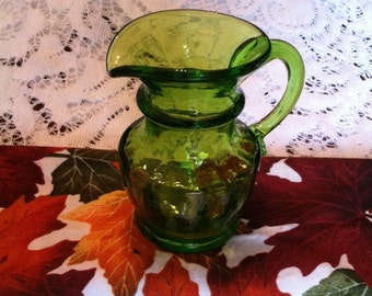 Green Glass Pitcher Vase Vintage Small Emerald Green Hand Blown Vase Fall Christmas Flower Bouquet Holder Kitchen Pitcher Creamer Decor