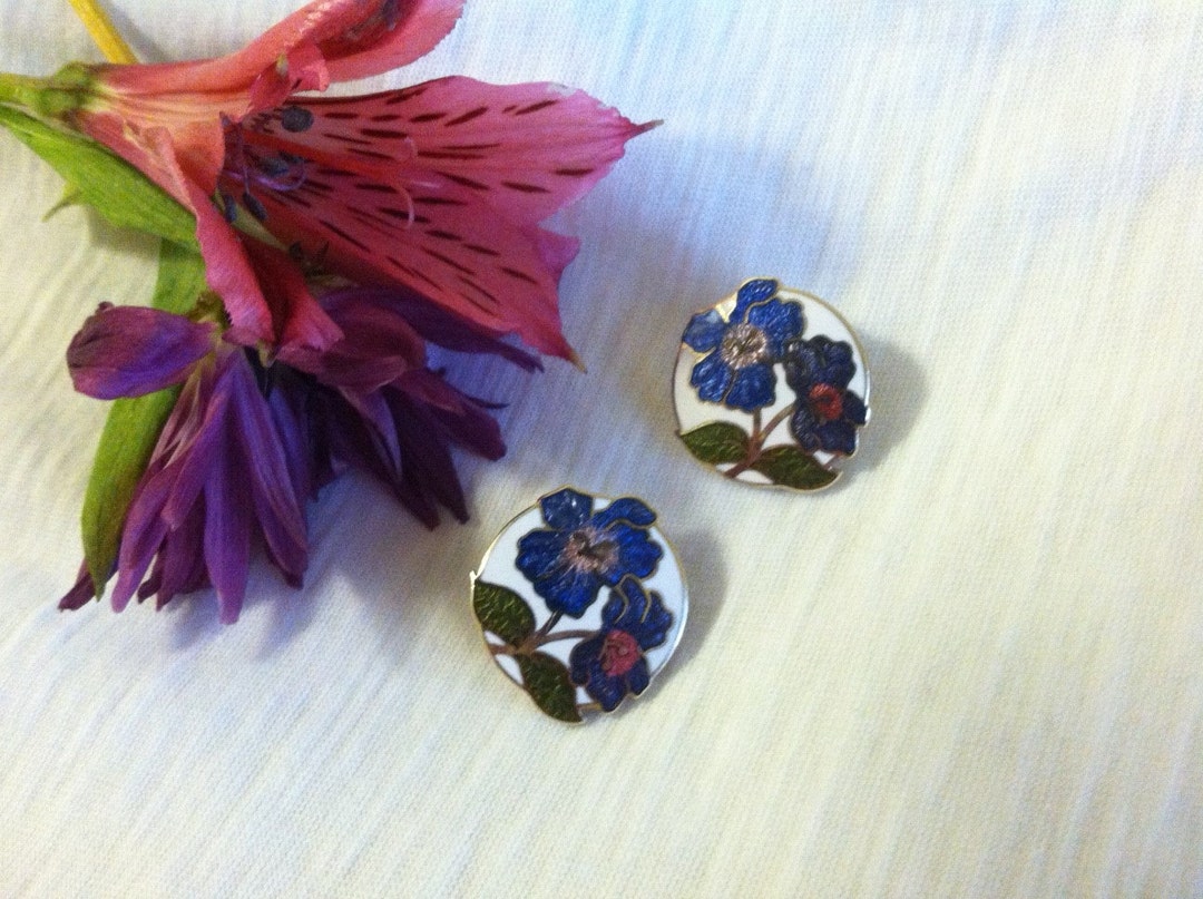 Purple Flowered Cloisonne Earrings Vintage Clip on Style Green - Etsy