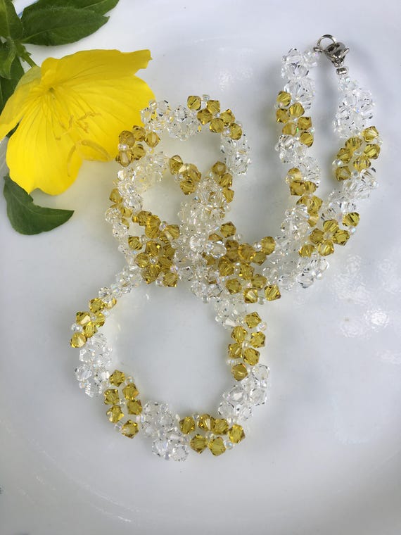 Sunflower Crystal Necklace Vintage Yellow and Whi… - image 2