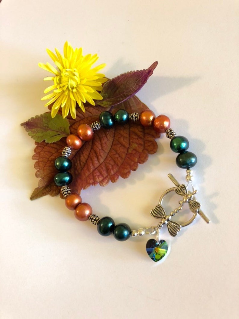 Autumn Dragonfly Bracelet Fall Hunter Green and Orange Pearl Jewelry Thanksgiving Gift Handmade Beaded Bracelet With Sterling Silver Accents image 4