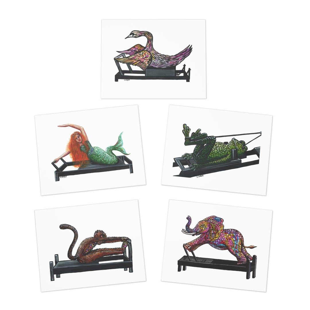 5 Cards- Pilates Reformer Animal Greeting Cards-designed by Award ...