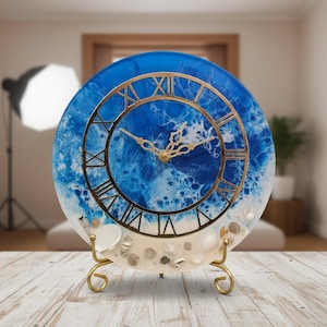 Ocean Epoxy Clock, Blue Resin, Beach Wall Clock, Seashell