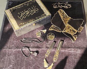 Islamic Prayer Set | Luxury Resin Quran Box Gold Calligraphy | Tasbeeh Jaanamaz Bookmark Gift