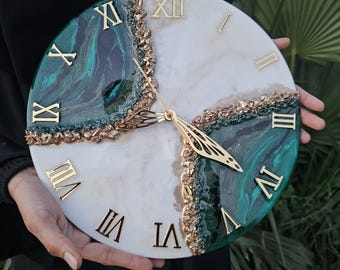 Emerald Geode Resin Wall Clock | Handmade Gold Accent Home Decor