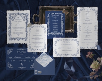 Elegant Navy Blue Wedding Invitation Template Suite | Printable Wedding Set | Editable Invitation, Menu, RSVP, Details, Drinks Card