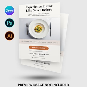 Puede incluir: Un anuncio de restaurante con el texto "Experience Flavor Like Never Before". El diseño incluye un plato de comida con cubiertos y un botón de llamada a la acción. Los logotipos de Canva, Ps y Ai son visibles.