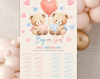 Teddy Bear Gender Reveal Voting Board – Boy or Girl | Editable Canva Template