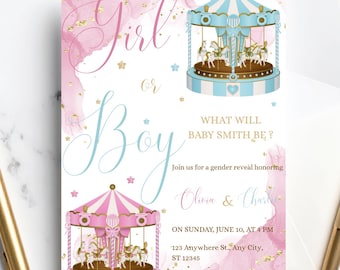 Gender Reveal Invitation | Boy or girl Baby Shower Invite |Pink Blue Carousel | Editable Digital Template | Instant Download