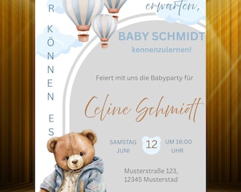 Baby Shower Einladung digital | Teddy Bär Einladung Junge | Bär Baby Party | Canva Vorlage editierbar