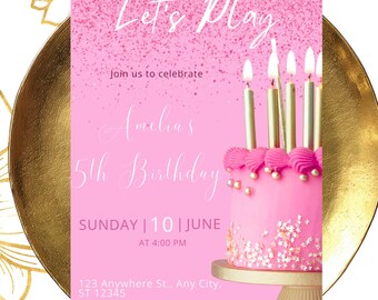 Pink birthday Invitation Editable | Girl 5th Birthday Invite | Cake Birthday Party | Canva Template