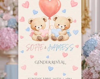 Teddy Bear Gender Reveal Welcome Sign – Boy or Girl Party Poster | Editable Canva Template