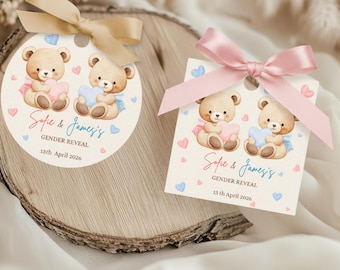 Teddy Bear Gender Reveal Favor Tags | Table Signs & Thank You Card | Boy or Girl | Editable Canva Template