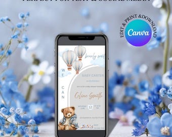 Teddy Bear Baby Shower Invitation Template, Hot Air Balloon Invite, We Can Bearly Wait, Editable Blue and Brown Bear, Digital Mobile Evite
