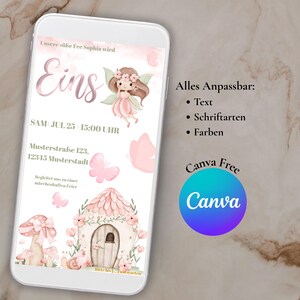 Op de afbeelding: Een digitale uitnodiging op een smartphonescherm. Het ontwerp toont een fee&euml;nillustratie, roze vlinders en een fee&euml;nhuis. Tekst bevat evenementdetails en het Canva Free logo.