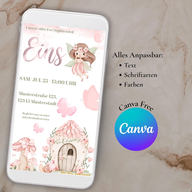 Op de afbeelding: Een digitale uitnodiging op een smartphonescherm. Het ontwerp toont een fee&euml;nillustratie, roze vlinders en een fee&euml;nhuis. Tekst bevat evenementdetails en het Canva Free logo.