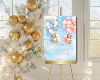 Teddy Bear Welcome Sign, Gender Reveal Poster,  Air Balloon Theme ,  Baby Reveal Decor