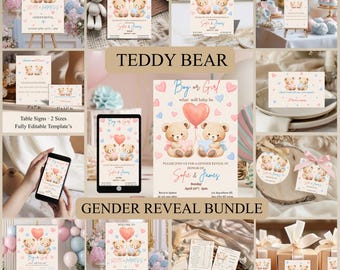 Gender Reveal Bundle | We Can Bearly Wait Invitation & Games, Baby Predictions , Welcome Sign, Favor Tags, Editable Digital Canva Template