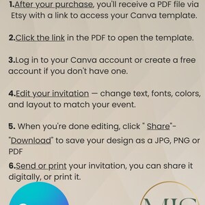 May include: A guide on how to edit a digital invitation. Instructions include accessing a Canva template, editing text and colors, and saving the design as a JPG, PNG, or PDF. Includes the Canva and Magic Invites Store logos.