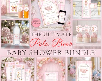 Polo Baby Shower Bundle Girl | Ralph Lauren Baby Shower Invitation Decor Sign | Pink Plaid Teddy Bear Games | Baby Predictions | Baby Bingo