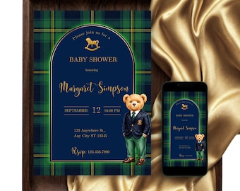 Ralph Lauren Baby Shower Invitation, Polo Baby Shower Invite, Blue Rocking Horse Teddy Bear Plaid, Editable Canva Template