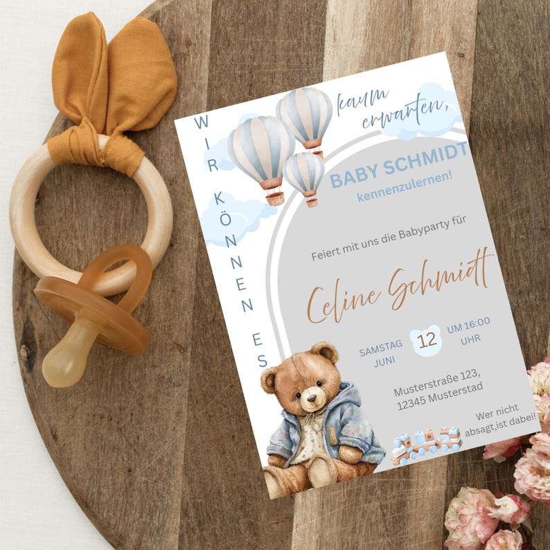 Babyparty Einladung Junge | Digitale Einladung Teddy Bär | Canva Template | Vorlage Personalisiert image 10