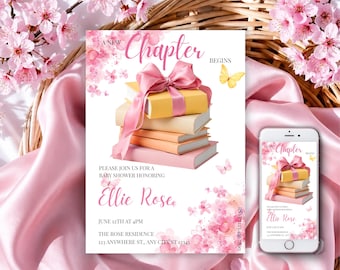 A New Chapter Begins Baby Shower, Baby in Bloom Invitation, Book Themed, Editable Canva Template