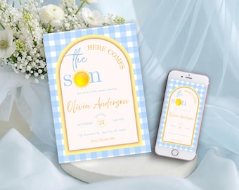 Invitación para baby shower "Here Comes the Son", invitación para baby shower de niño con estampado de cuadros azules, plantilla editable Sunshine en Canva, descarga digital.