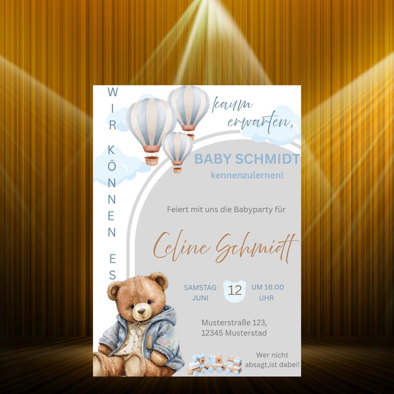 Babyparty Einladung Junge | Digitale Einladung Teddy Bär | Canva Template | Vorlage Personalisiert image 4
