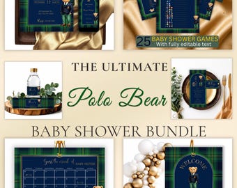 Ralph Lauren Baby Shower Bundle, Polo Bear Baby Shower Decor, Preppy Blue Teddy Bear Invitation Suite, Editable Boy Baby Shower Template