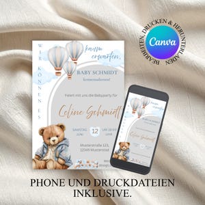 May include: A baby shower invitation featuring a teddy bear, hot air balloons, and the text "Baby Schmidt". The invitation is displayed on a white background with a smartphone showing the same design. The text includes the date and time.