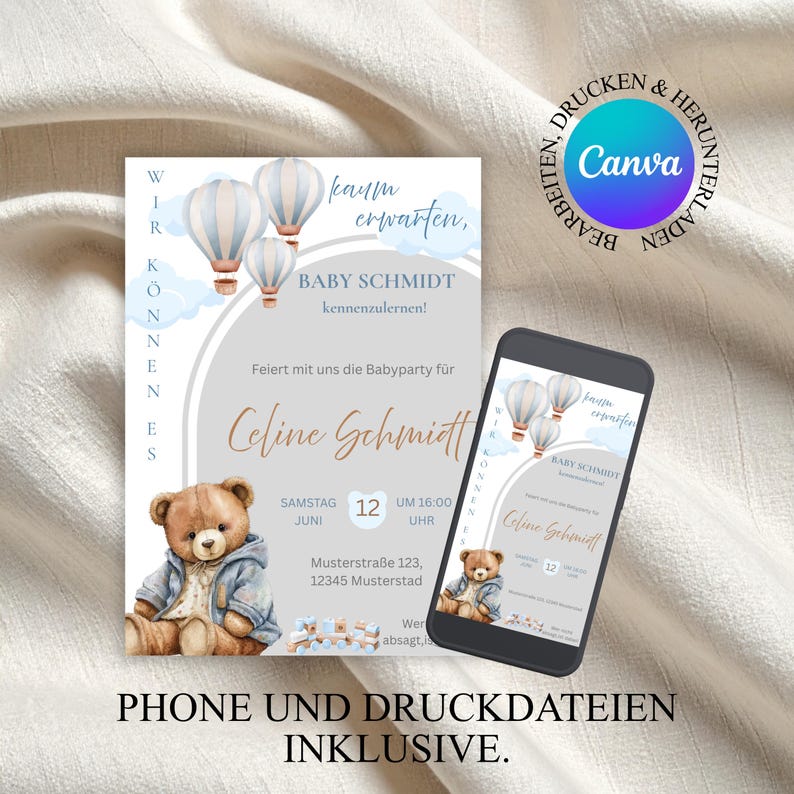 May include: A baby shower invitation featuring a teddy bear, hot air balloons, and the text "Baby Schmidt". The invitation is displayed on a white background with a smartphone showing the same design. The text includes the date and time.
