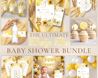 Bee Baby Shower Bundle, Honey Bee Baby Shower Invitation, Mommy to Bee, BabyShower Games, A Little Honey is on the Way, Canva Template