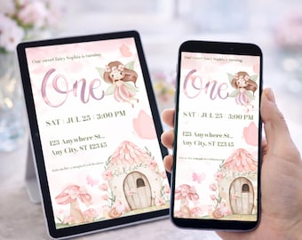 Fairy First Birthday Invitation Girl, Editable 1st Birthday Invite, Enchanted Garden Fairy Party, Editable Canva Template, Digital Download