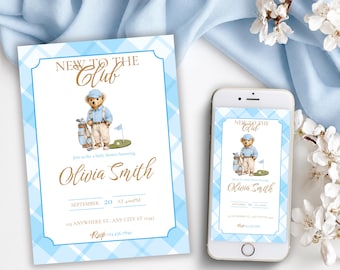 Ralph Lauren Baby Shower Invitation Boy, Golf Baby Shower, New to the Club Polo Bear Printable, Canva Editable Template Digital Download