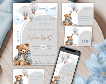 Teddy Bear Baby Shower Invitation Set with Hot Air Balloon, Brown Bear Editable Canva Template, We Can Bearly Wait Boy Mobile Evite