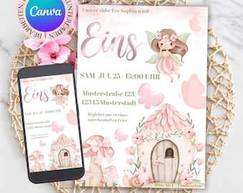 Geburtstagskarte 1. Geburtstag Mädchen Fee – Einladungskarte Erster Geburtstag, Digitale Einladung Kindergeburtstag, Canva Vorlage
