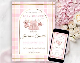 Polo Baby Shower Invitation Girl, Preppy Pink Plaid Bear Invite, Editable Canva Template, Print & Phone Format, Instant Download