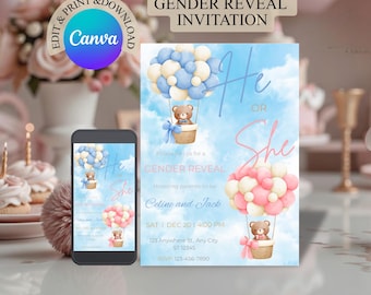 Bear Gender Reveal Invitation | Editable Canva Template | We can bearly wait Party | Instant Download Phone + Print
