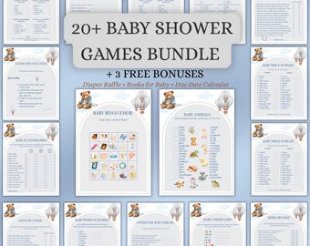We Can Bearly Wait Baby Shower Games Bundle, Teddy Bear Boy Party Activities, 20+ Blue Balloon Editable Canva Templates